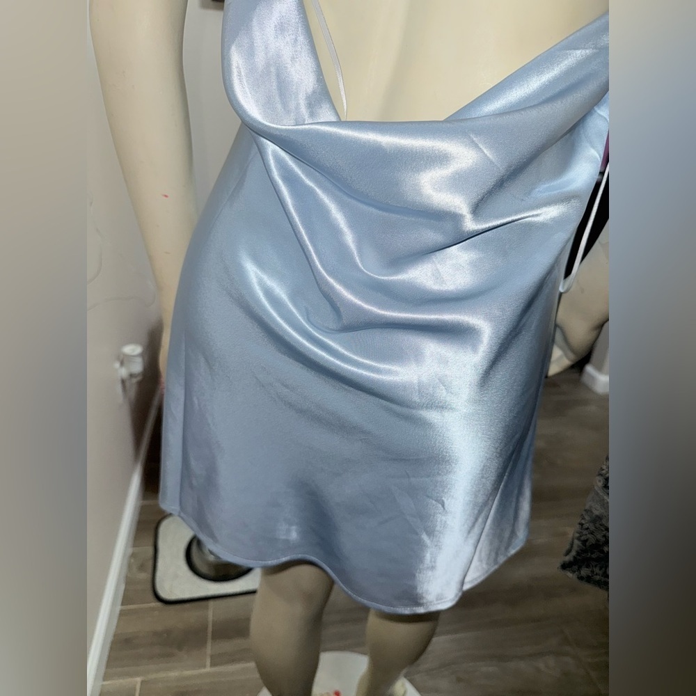 H&M Divided Satin Mini Slip Dress light blue Cowl Neck Backless Y2K Coquette L - Picture 7 of 11